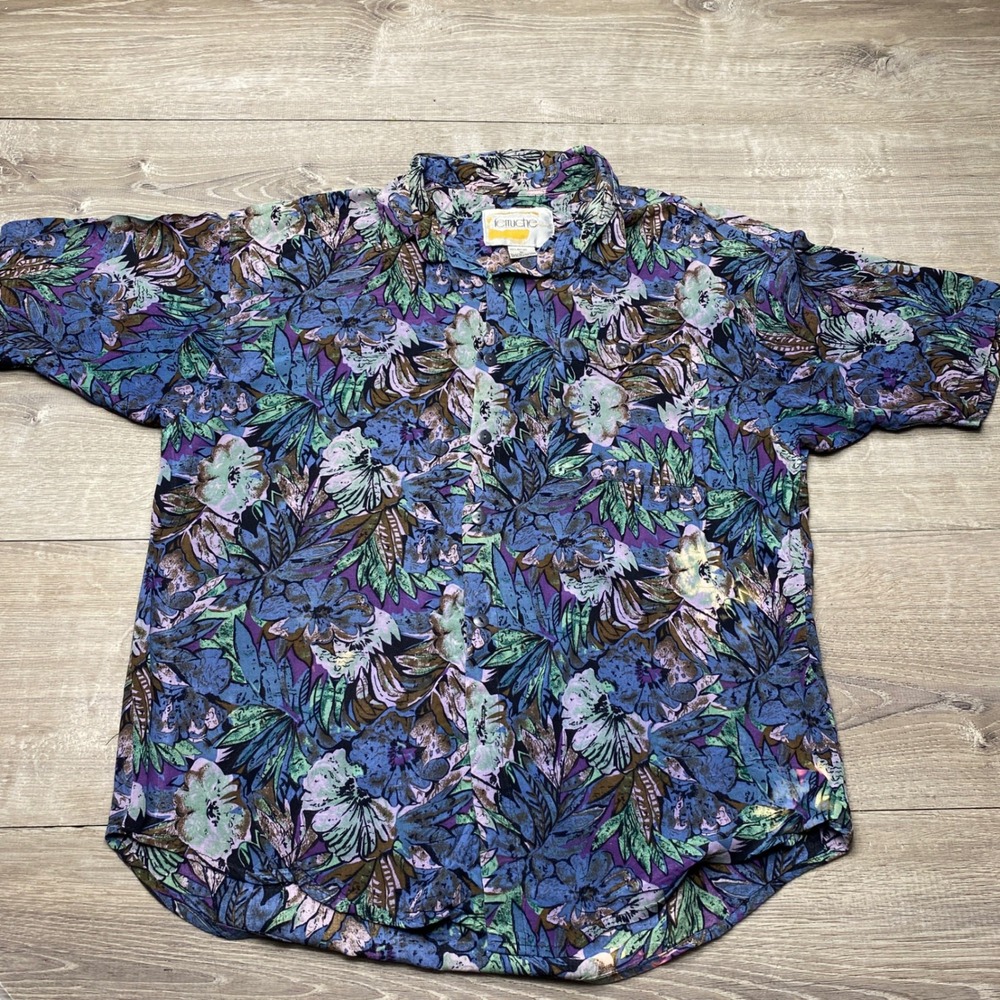 Ferruche Shirt Mens XL Blue Floral Rayon Short Sleeve Tropical Button Down 90s‎